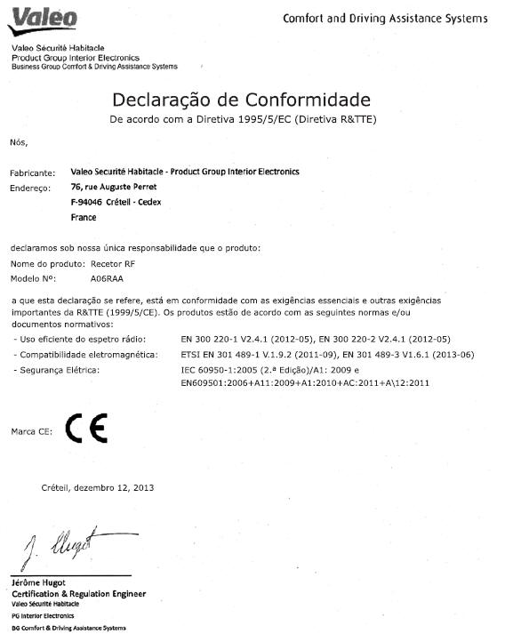 Certificação do comando remoto sem fios