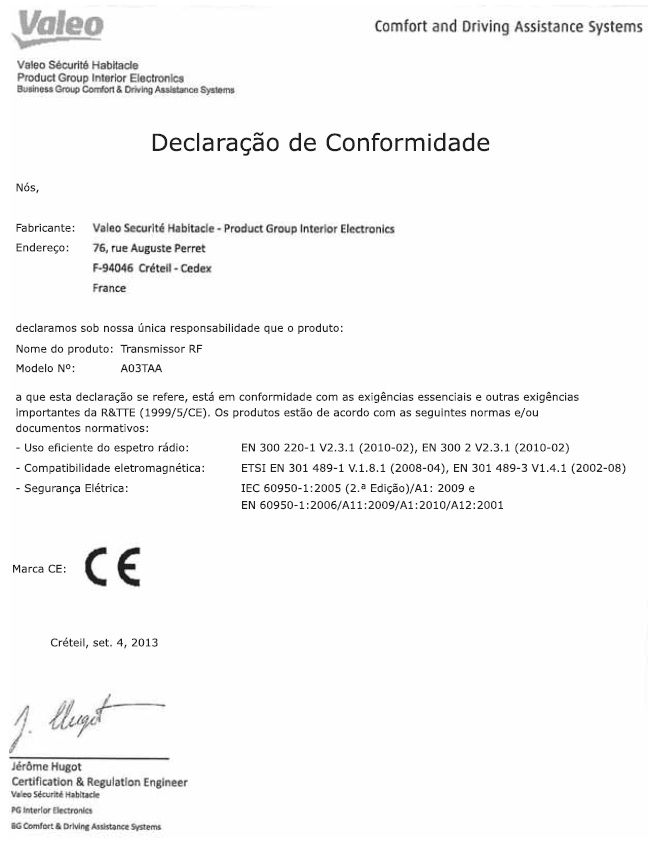 Certificação do comando remoto sem fios